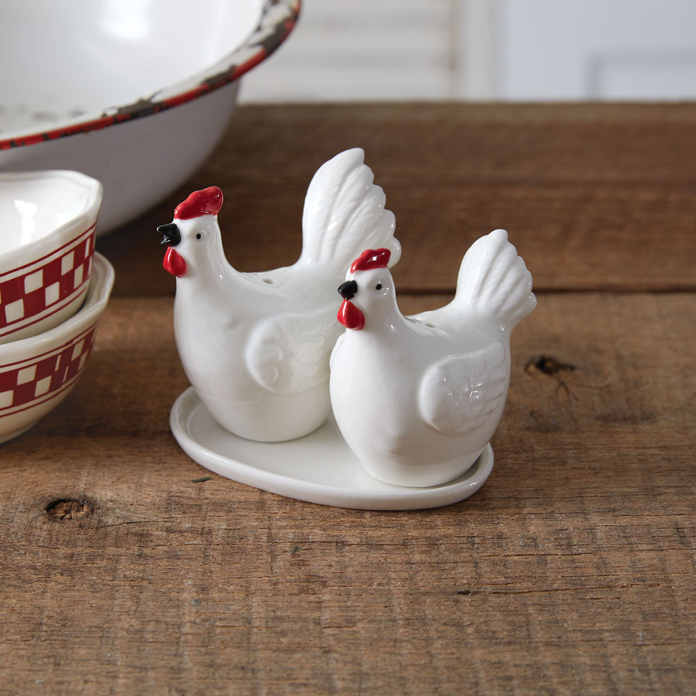 Rustic Farmhouse Hen & Rooster Salt & Pepper Shakers with Egg Plate Set