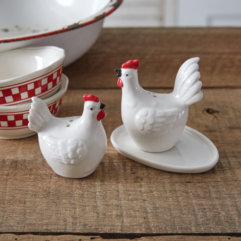 Rustic Farmhouse Hen & Rooster Salt & Pepper Shakers with Egg Plate Set