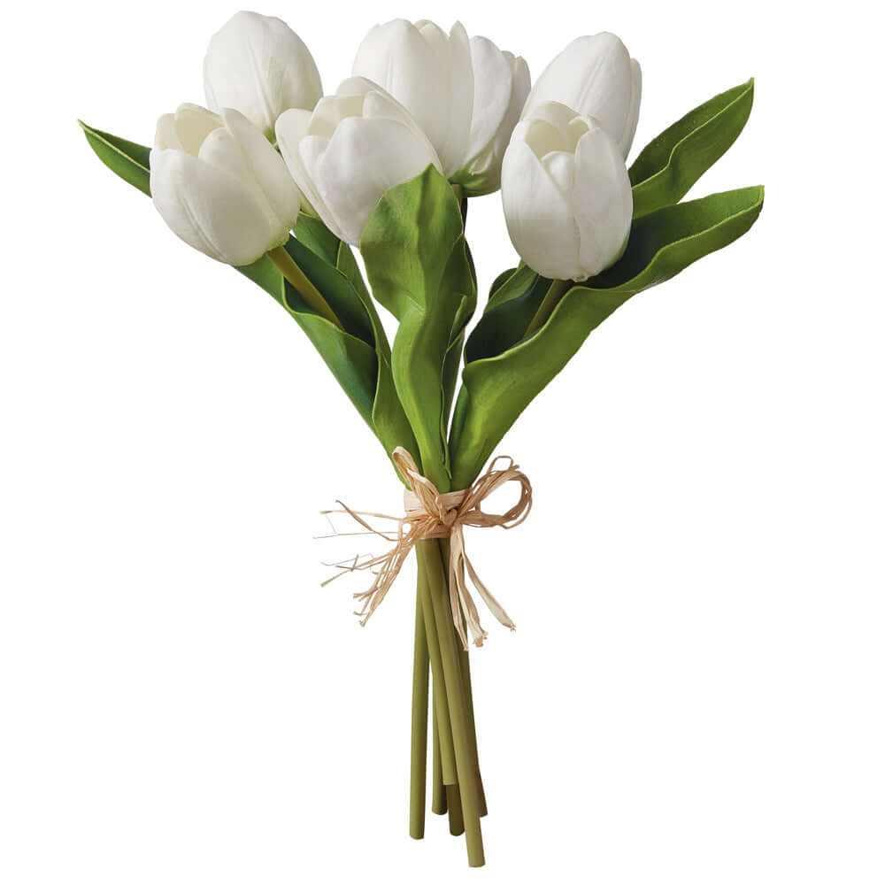 Artificial white tulip bouquet tied with raffia against white background