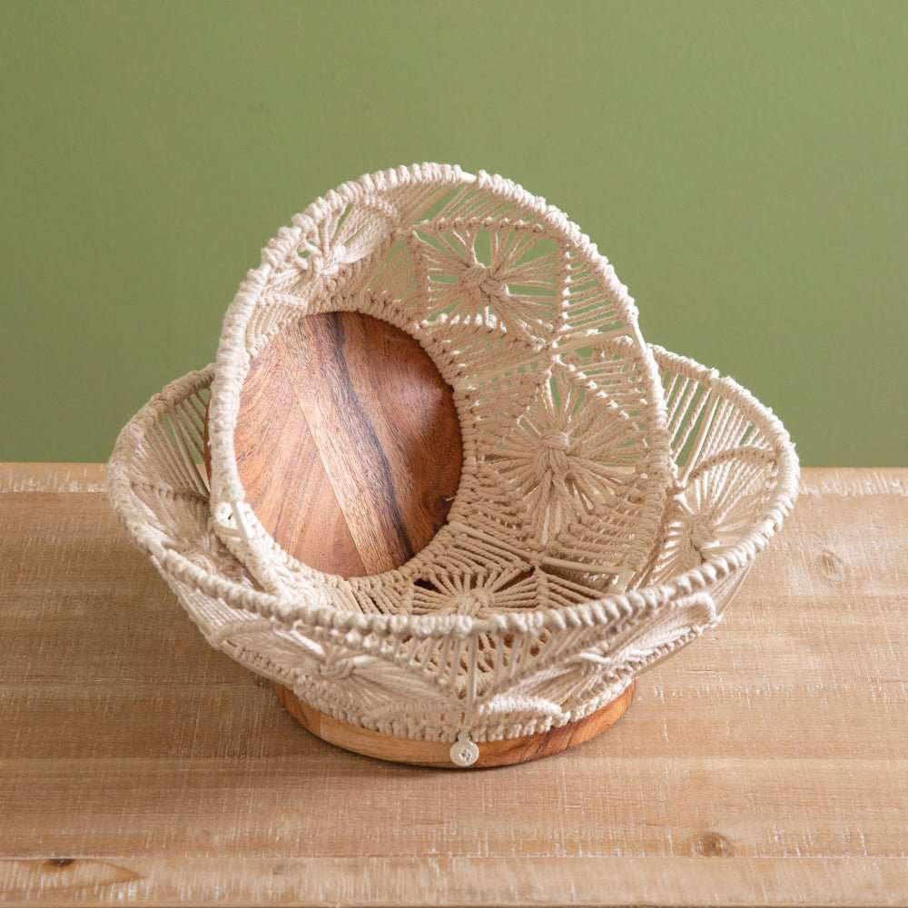 Set Two Wood Macrame Bowls - Decorative Trays