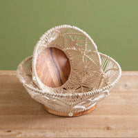 Thumbnail for Set Two Wood Macrame Bowls - Decorative Trays