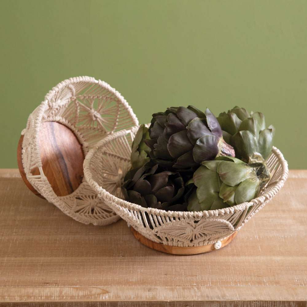 Set Two Wood Macrame Bowls - Decorative Trays