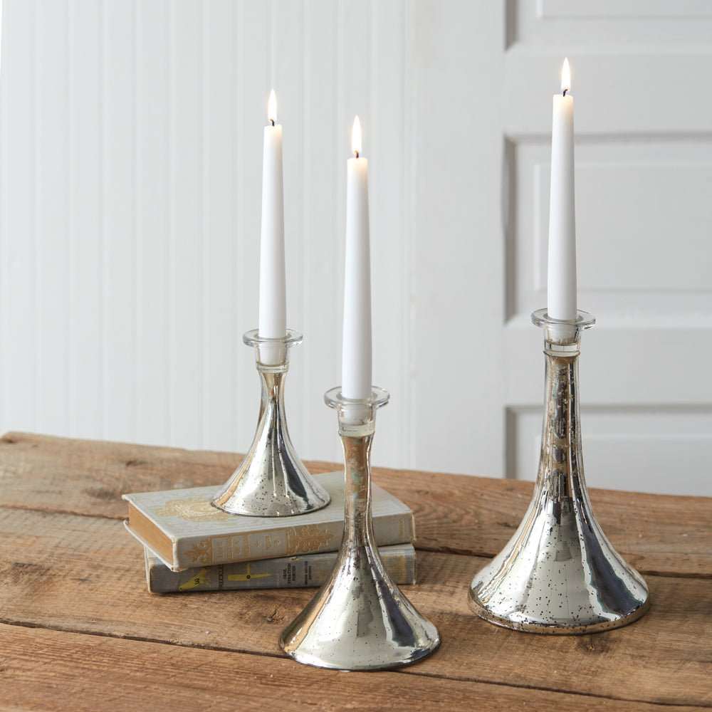 Three Silver Mercury Glass Taper Candle Holders - Candle Holders