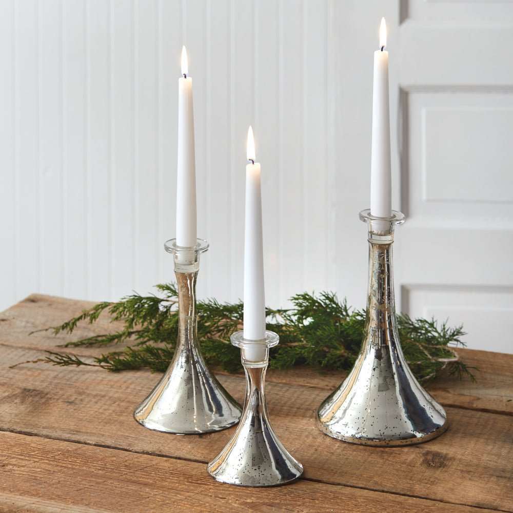 Three Silver Mercury Glass Taper Candle Holders - Candle Holders