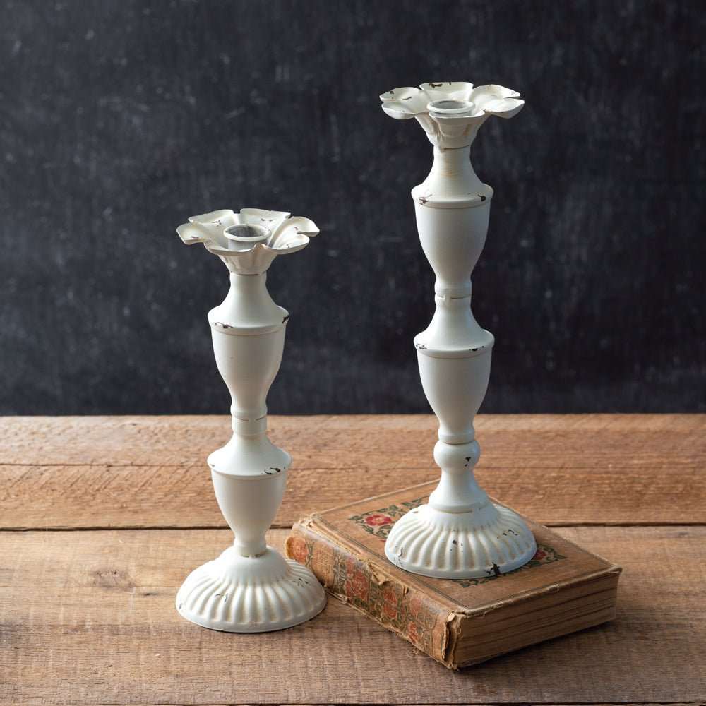 Two Distressed White Metal Candlesticks - Candle Holders