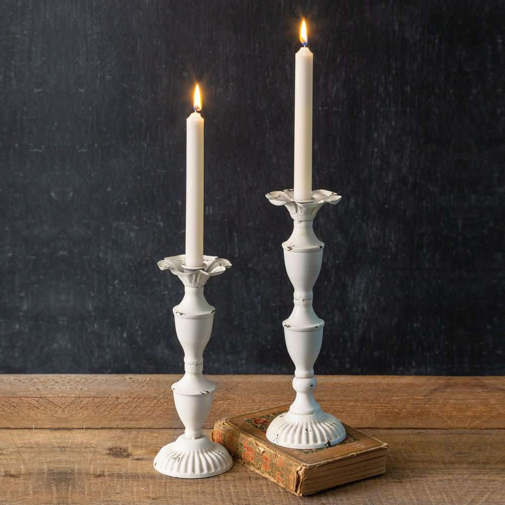 Two Distressed White Metal Candlesticks - Candle Holders