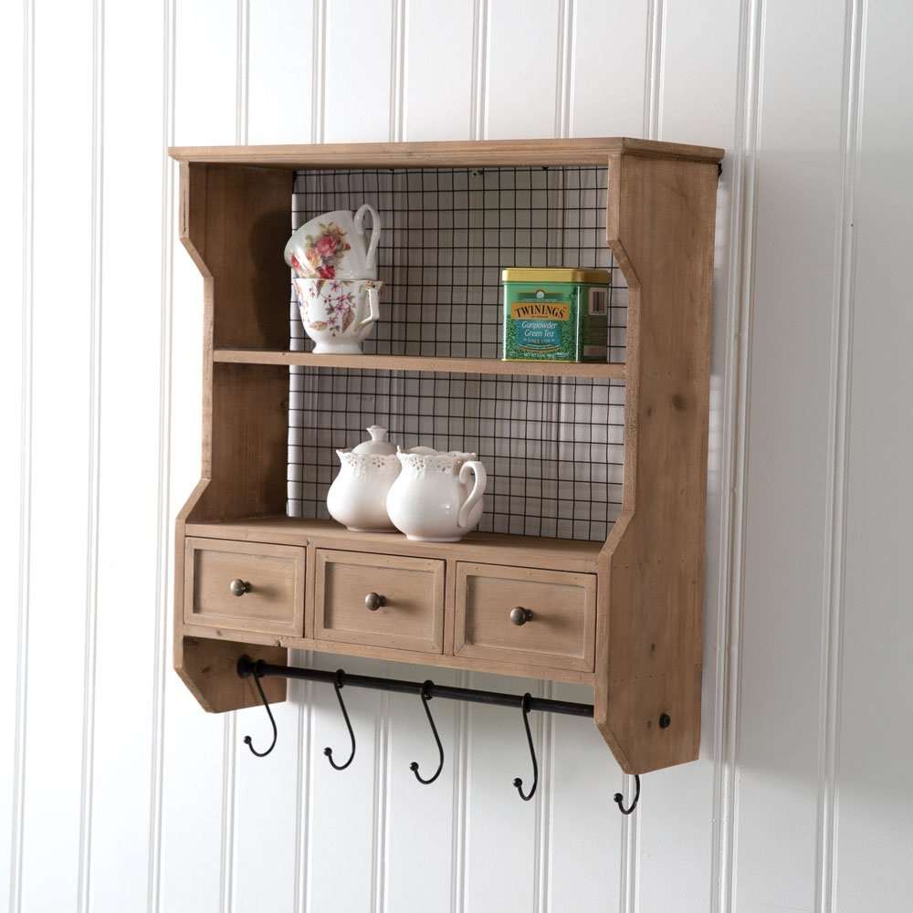 Wood Organizer Shelf with Drawers and Hooks -