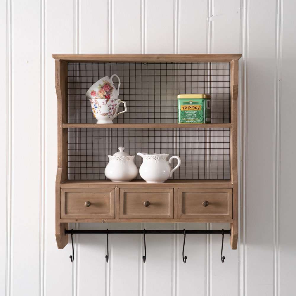 Wood Organizer Shelf with Drawers and Hooks -